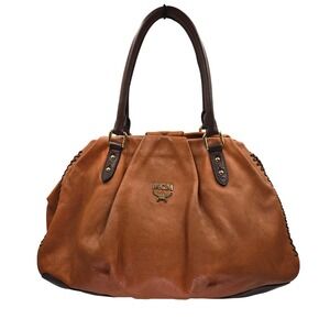 MCM Leather Satchel Handbag Purse Cognac Brown Top Handle Designer Bag‎